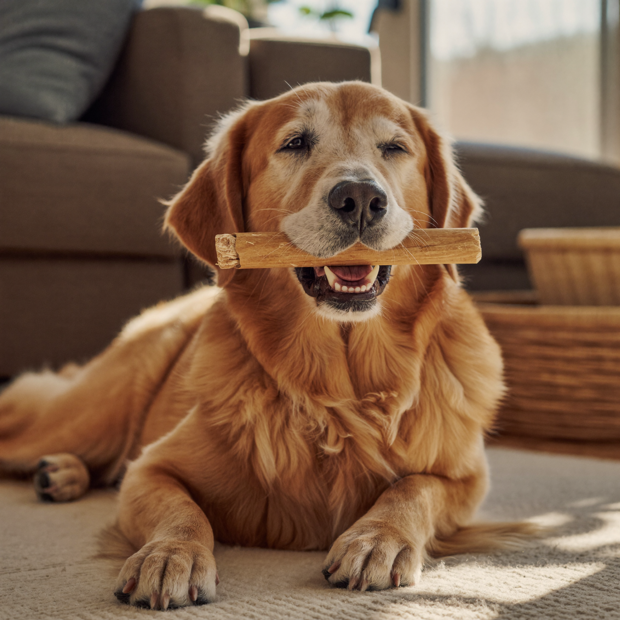 Happy dog chewing a natural chew